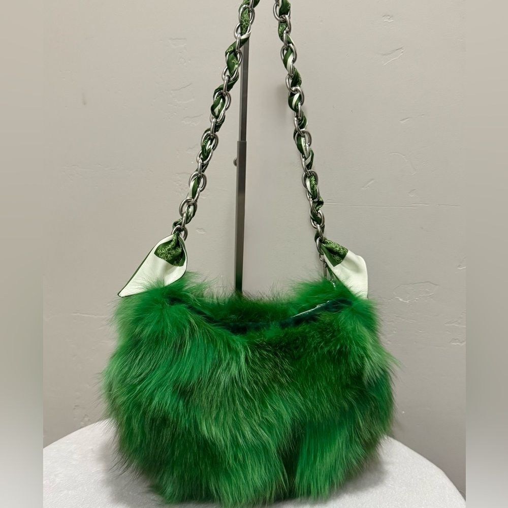 Handmade Real Fox Fur Double Zip Half Moon Handbag, Shoulder Bag/Crossbody